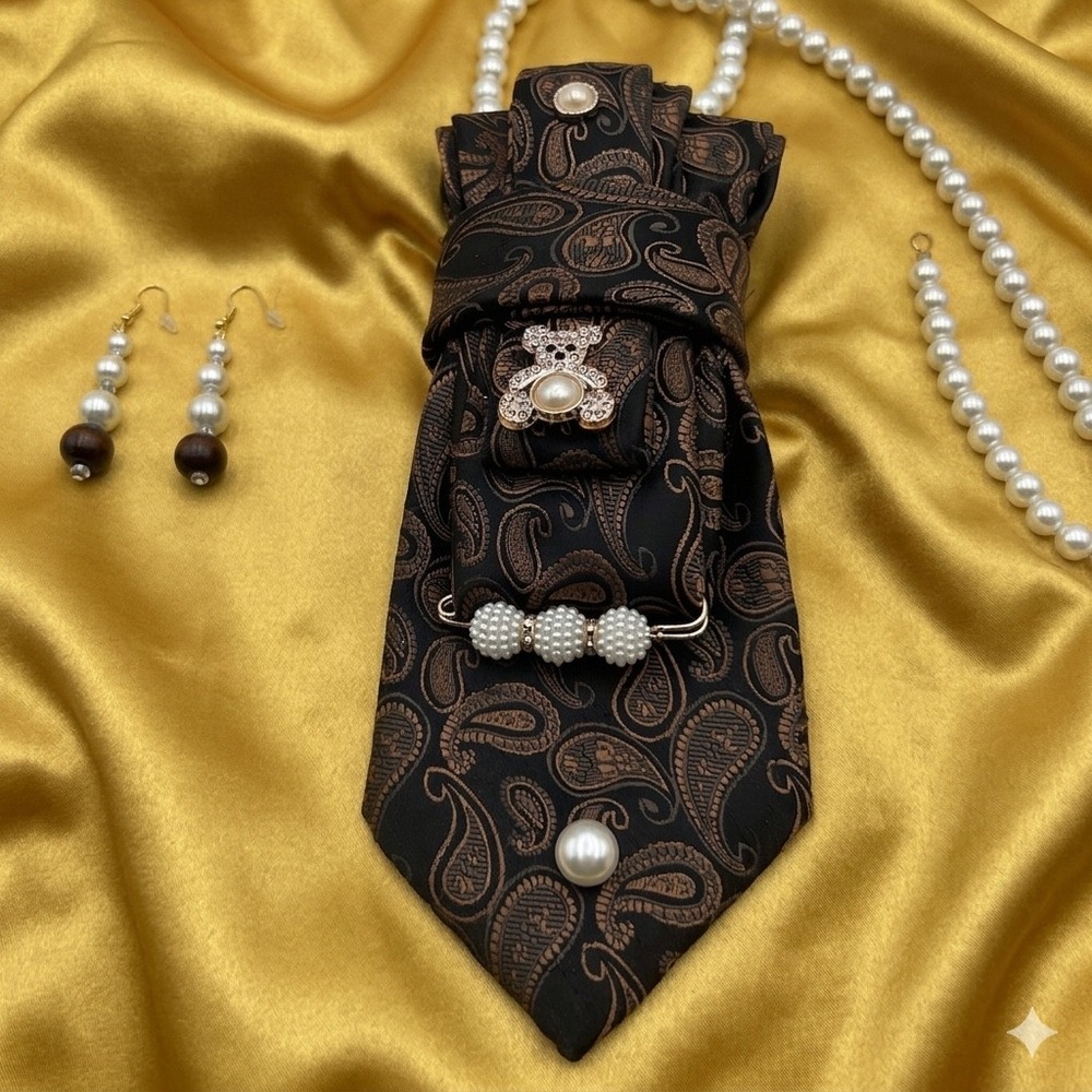 Handcrafted Paisley Necktie Pearl Necklace & Earring Set Bronze Black Teddy Bear